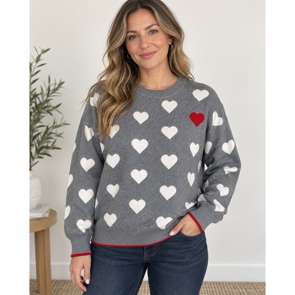 Scotch & Soda Amsterdam Heart Print Crewneck Sweater Gray Red White XL